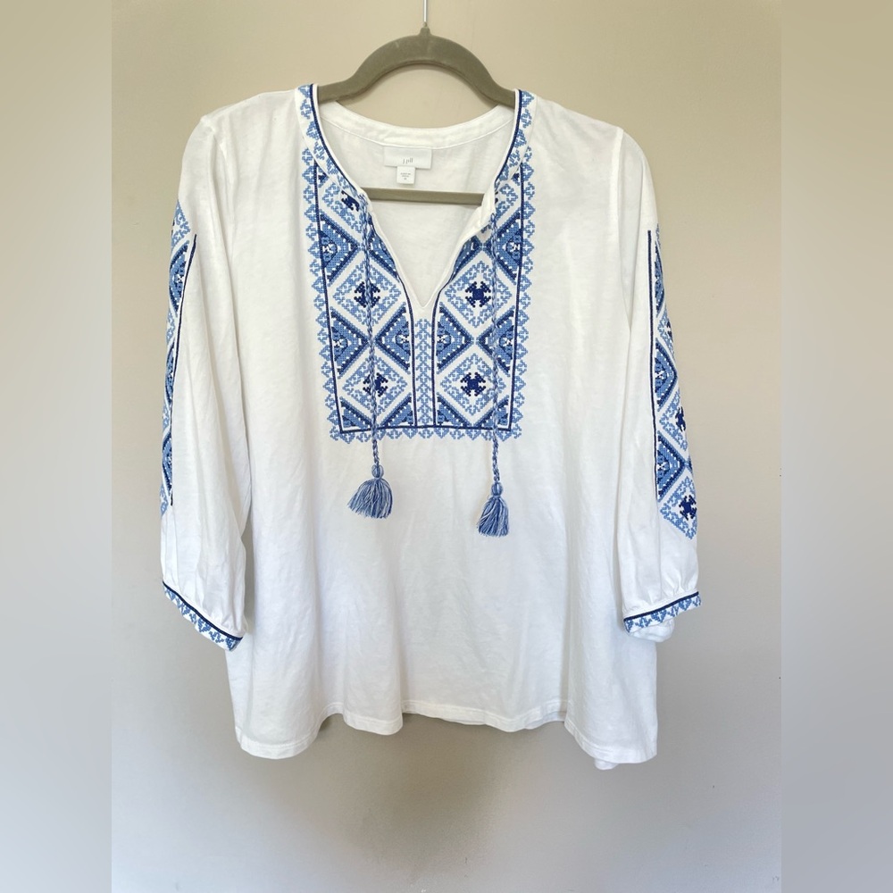 J. Jill White Tunic with Blue Embroidery